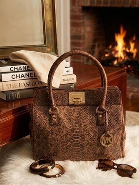 MICHAEL KORS Brown Python Embossed Leather Astrid Satchel Bag
